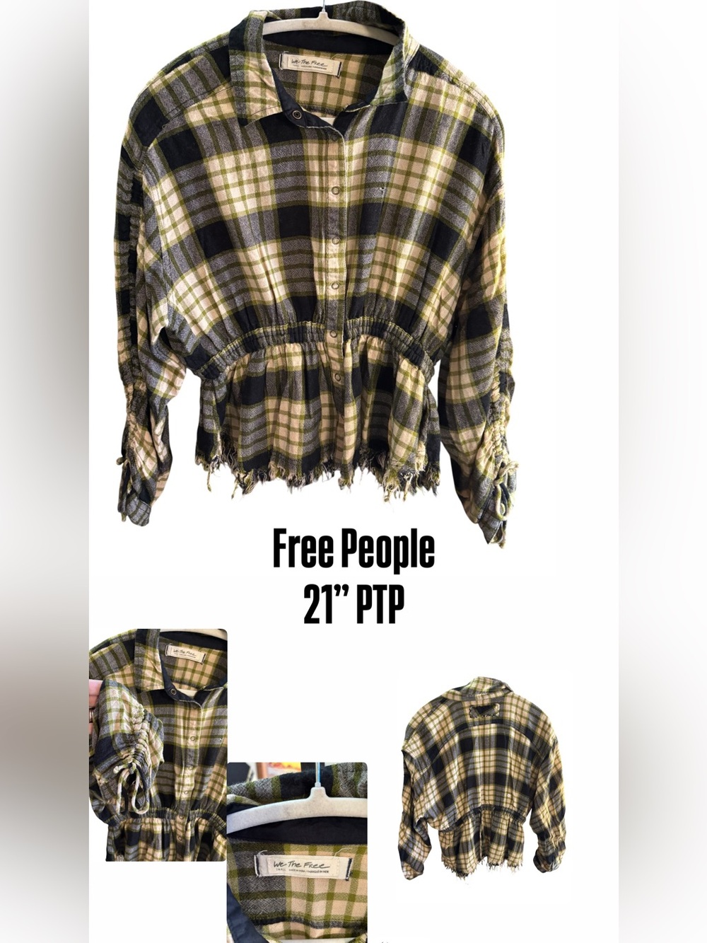 Free People Olive Black Cream Plaid Cinch-Waist Shirt Jacket